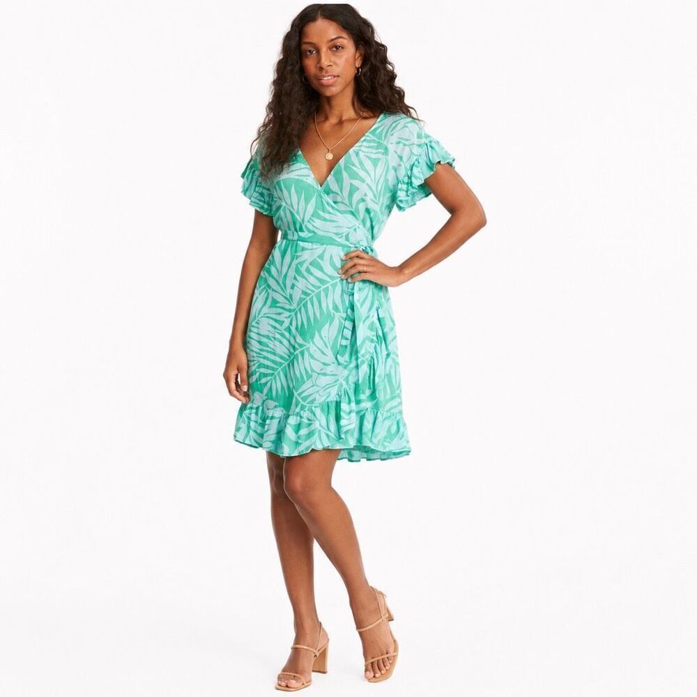 Billabong Wrap and Roll Tropical Wrap Dress Medium Mint Green Mini Dress